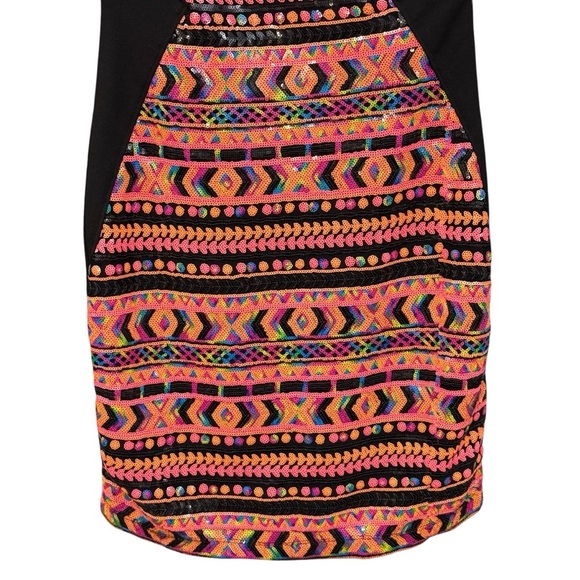 Hale Bob Sequin Bodycon Dress Small Black Tribal Print Sleeveless - Picture 3 of 8